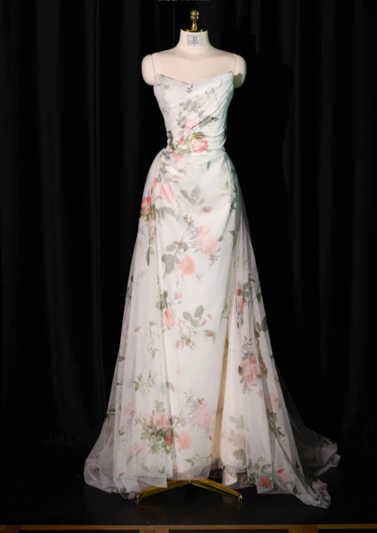Elegant Strapless White Chiffon Printed Floral Long Prom Dress Birthday Evening Dresses SP2235