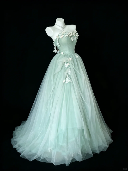 Elegant Strapless Mint Green Tulle Party Dress White Appliques A-Line Long Prom Dress SP2727