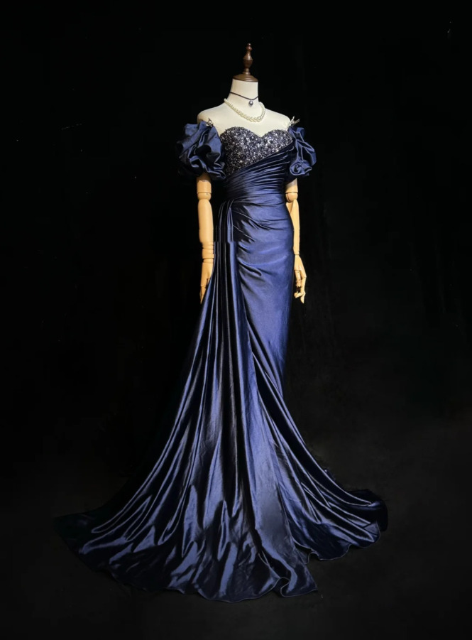 Elegant Off The Shoulder Navy Blue Satin Beaded Mermaid Long Evening Dress 18th Birthday Outfits SP1960