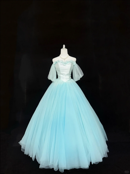 Elegant Blue Ball Gown Off The Shoulder Floral Tulle Long Prom Dress Party Gown SP2215