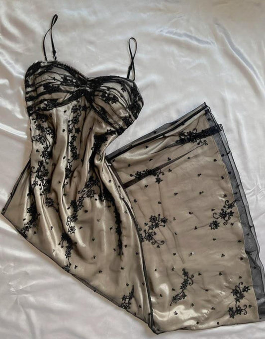 Vintage Spaghetti Straps Satin Tulle Beaded A Line Long Party Dress SP2700
