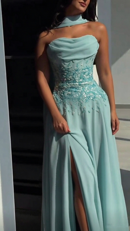 Elegant Strapless Mint Green Chiffon Beaded Slit Long Party Dress Prom Gowns SP4272