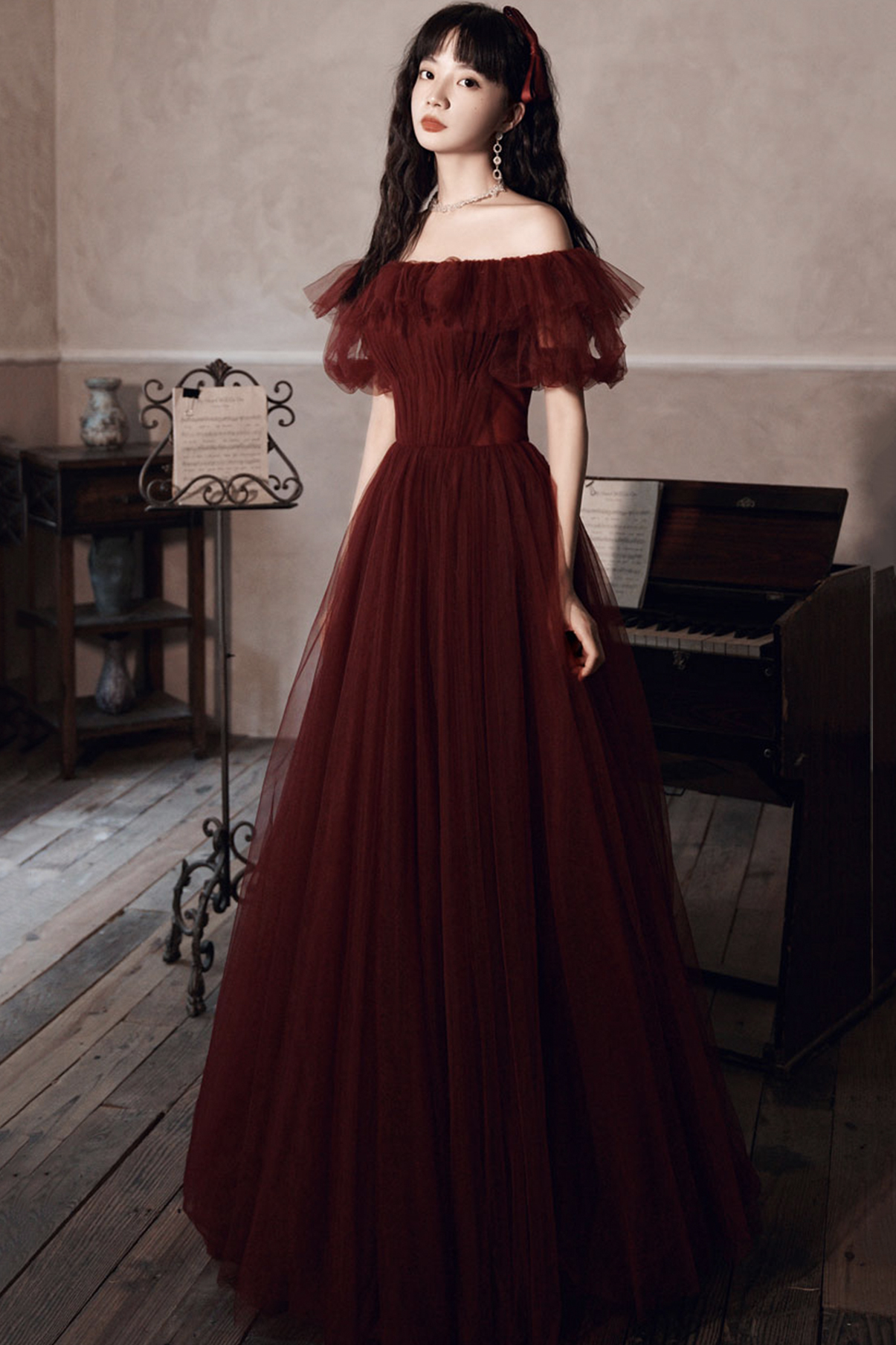 Burgundy Off The Shoulder Tulle Line Prom Dress Evening Dress Y8351
