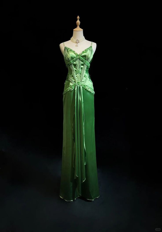 Chic Spaghetti Straps Green Satin Beaded Mermaid Long Party Dress Formal Prom Gown SP365