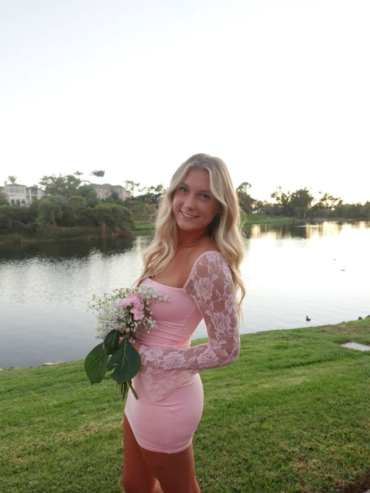 Elegant Pink Sheath Satin Lace Mini Cocktail Dress Formal Homecoming Dress Birthday Outfit Y9868