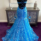 Blue Floral Lace Backless Trumpet Long Prom Dress Y7030