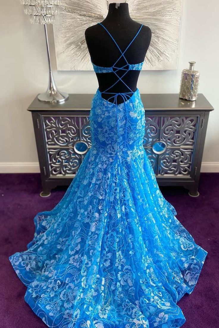 Blue Floral Lace Backless Trumpet Long Prom Dress Y7030