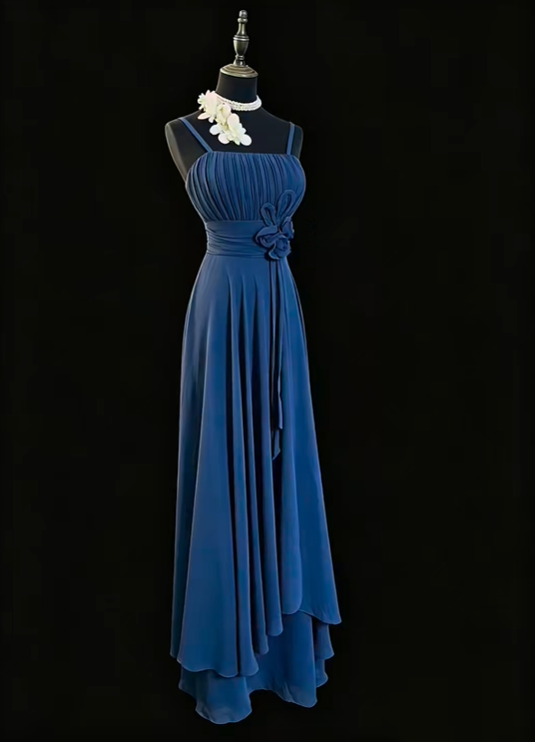 Classy Spaghetti Strap Satin Chiffon Pleated Long Wedding Guest Dress Navy Blue Party Dress SP2766