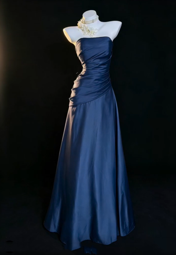 Fashion Strapless Satin Pleated Long Party Dress,Navy Blue A Line Long Prom Gown SP2762