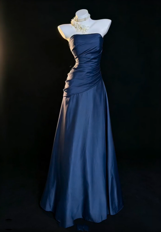 Fashion Strapless Satin Pleated Long Party Dress,Navy Blue A Line Long Prom Gown SP2762