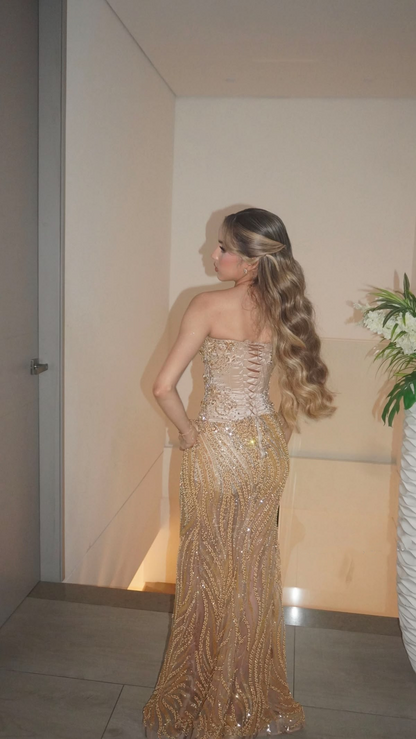 Elegant Strapless Gold Tulle Beaded Mermaid Long Party Dress Birthday Prom Dresses SP2226