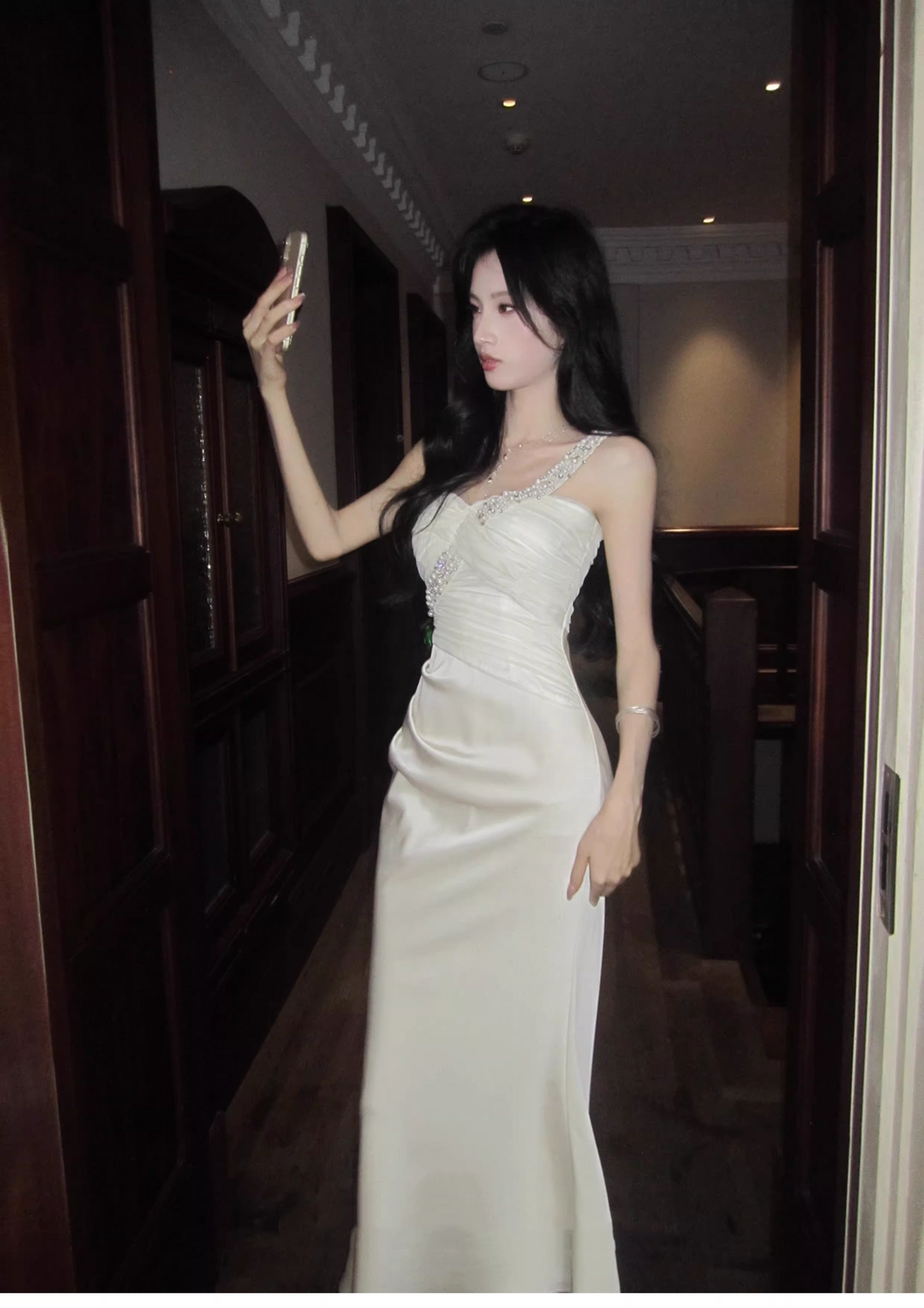 Pretty One Shoulder White Satin Beaded Mermaid Long Party Dress Formal 18th Birthday Outfits SP2006