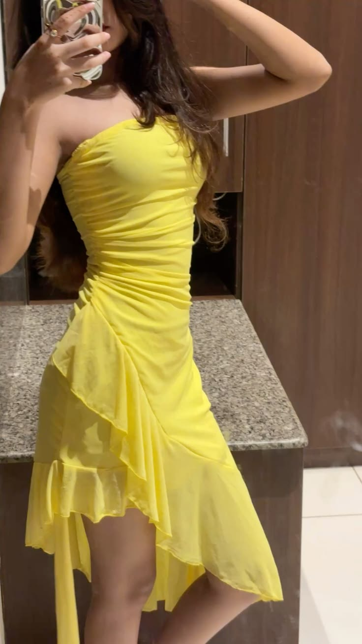 Classy Yellow Chiffon ruffle Short 8th Grade Homecoming Dress,Strapless Mini Birthday Dress SP3210