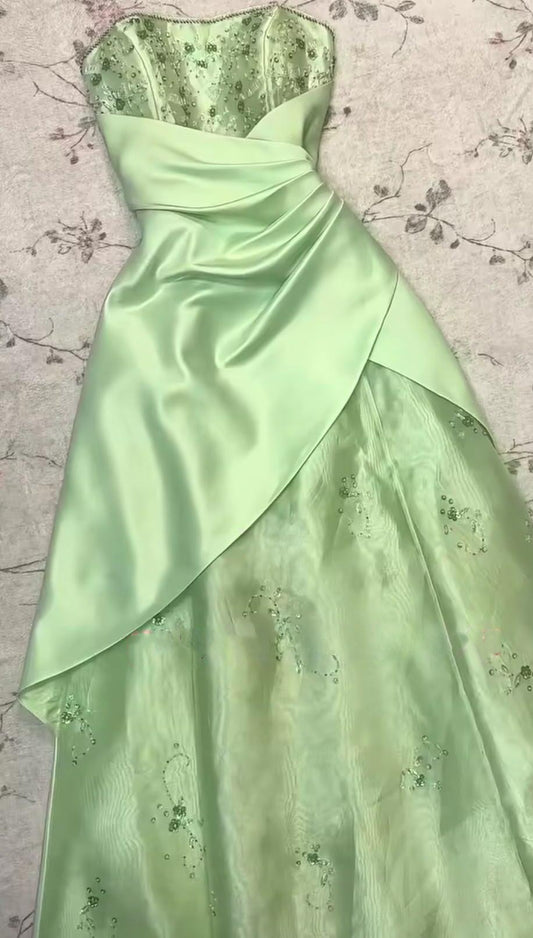 Elegant Mint Green Strapless Satin Tulle Beaded A Line Long Prom Dress Party Gown SP2697