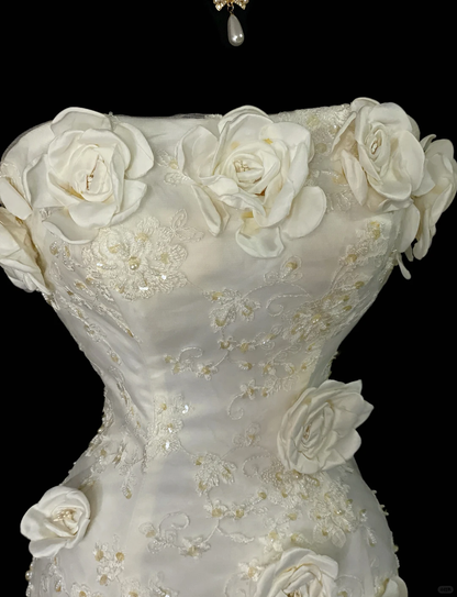 Pretty Strapless Off White Satin Lace 3D Floral Mermaid Long Wedding Dress SP4065