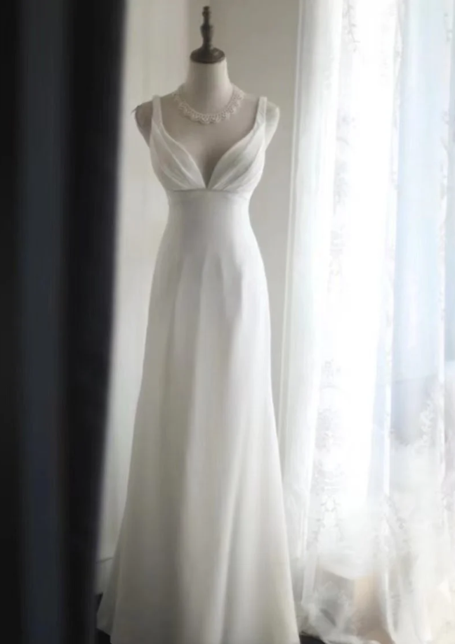 Elegant White V Neck Backless Long Wedding Guest Dress Party Gown SP1205