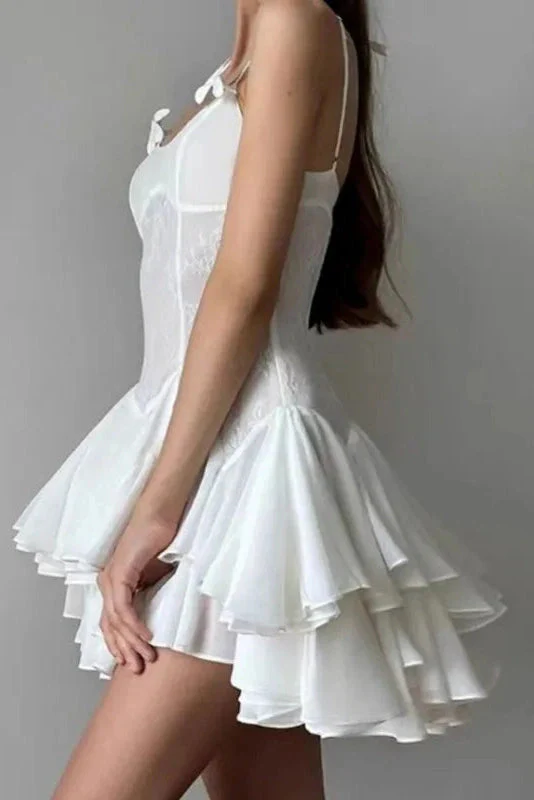 Classy Spaghetti Straps Chiffon Lace A Line Short 16th Birthday Outfits,White Formal Graduation Homecoming Dress SP2644