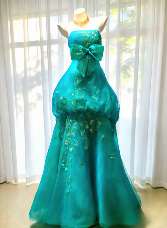 Princess Strapless Green Tulle Layered Mermaid Long Party Dress Formal Evening Dress With Bow SP1592