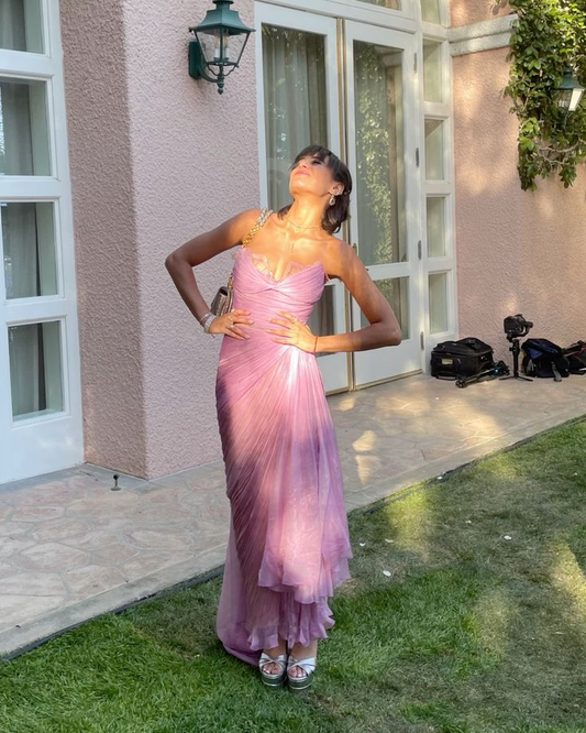 Pretty Strapless Lilac Tulle Pleated Slit Long Evening Dress Formal Wedding Guest Dress SP527