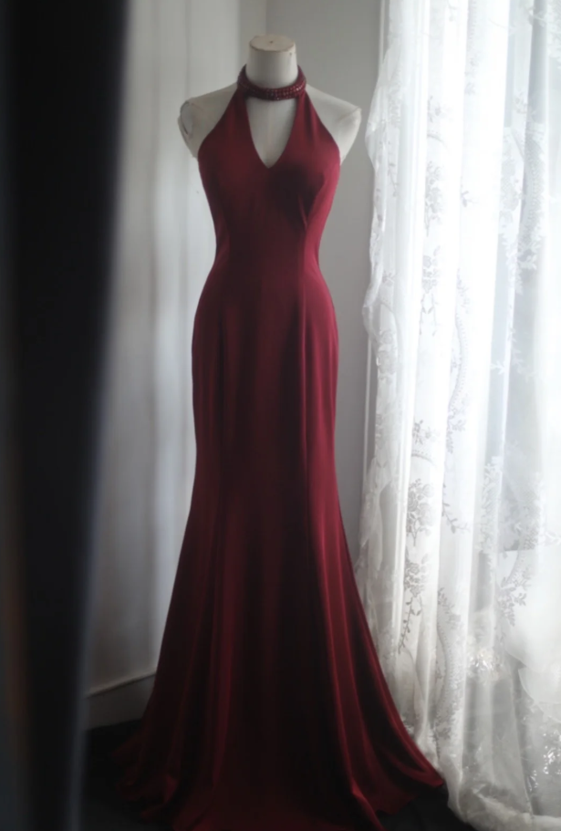 Pretty Halter Red Satin Beaded Mermaid Evening Dress Long Wedding Guest Dress SP1249
