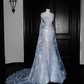 Classy Blue Tulle Beaded Mermaid Prom Dress,Formal Evening Dress Wedding Dress Y8655