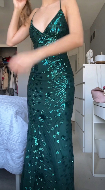 Elegant Spaghetti Straps Chiffon Sequin Floral Prom Dress Emerald Green Mermaid Long Party Dress SP4227