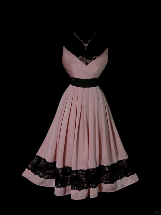 Pretty Pink Satin Pleated Lace Long Party Dress Long Wedding Guest Dress SP4041