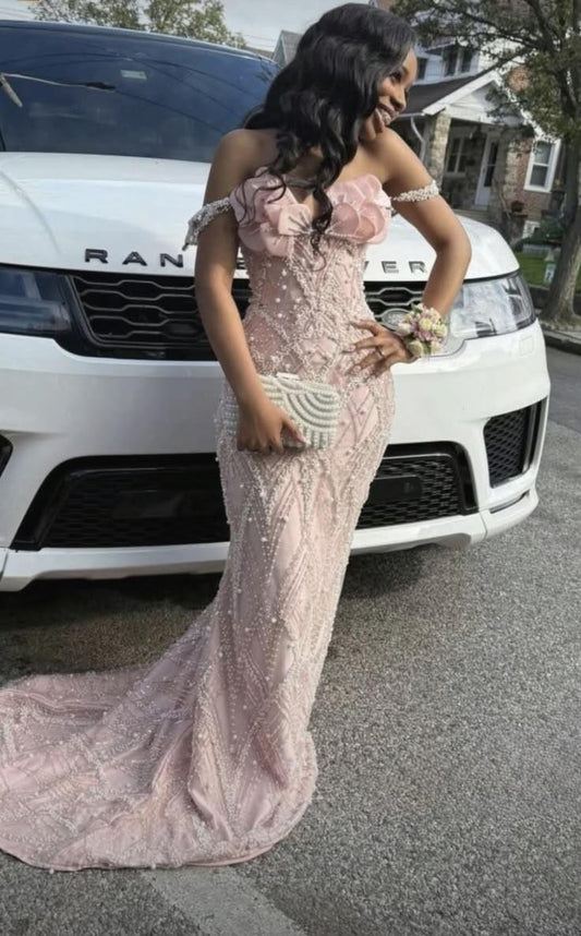 Luxurious Spaghetti Straps Pink Satin Beaded Mermaid Long Party Gown Evening Dress SP2674