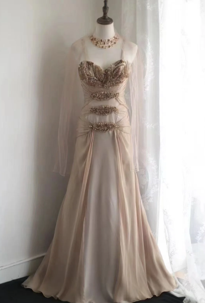 Retro Spaghetti Straps Chiffon Beaded Mermaid Prom Dress Long Evening Dress SP850