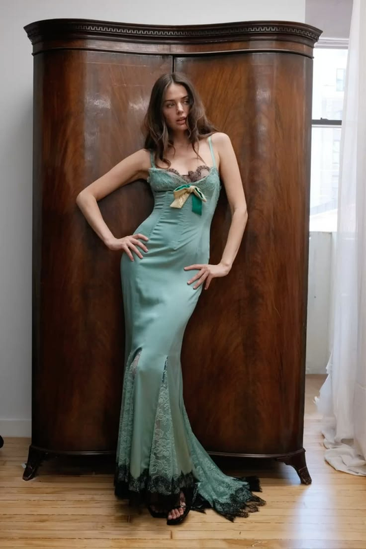 Fashion Blue-green Satin Lace Hem Mermaid Party Dress,Spaghetti Strap Long Wedding Guest Dress SP3374