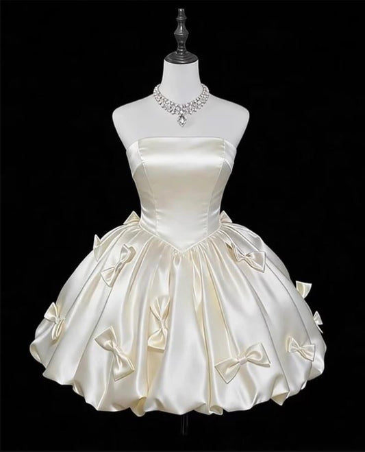 Cute Strapless Off White Satin Bow A Line Short 8th Grade Homecoming Dress Mini Birthday Dress SP2421