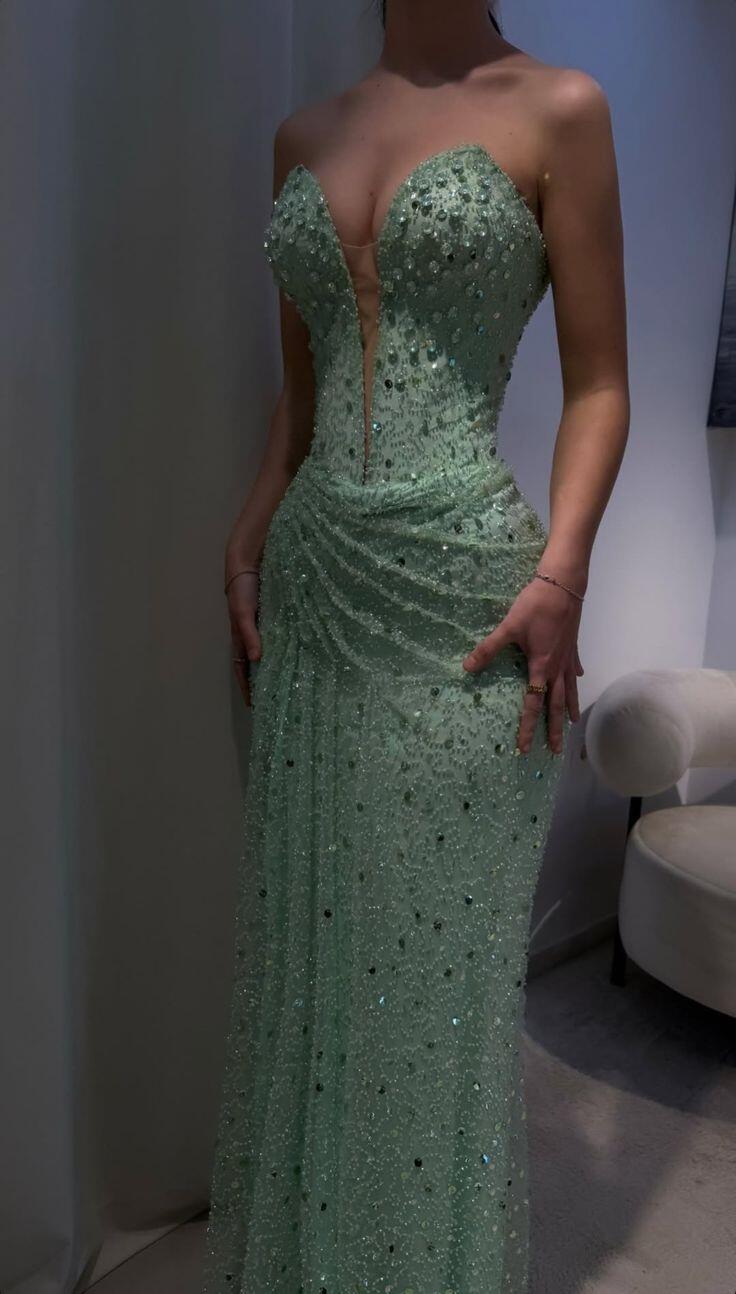 Classy Light Green Strapless Tulle Beaded Mermaid Long Party Dress Birthday Prom Gown SP3408