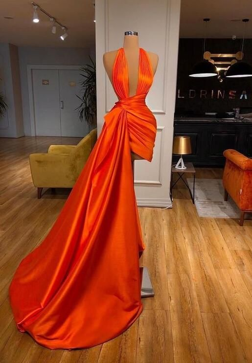 Sexy Halter Mermaid Orange Satin Prom Dresses Y6622