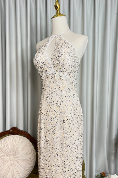 Sparkle Halter Backless Sequin Sheath Long Party Dress Formal Wedding Guest Dress SP630
