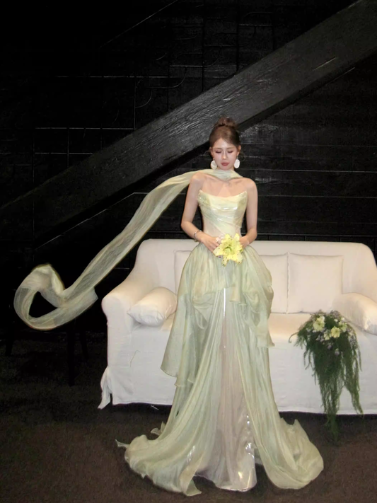 Pretty Green Strapless Tulle Long Evening Dress Birthday Prom Dress With Ribbon SP2026