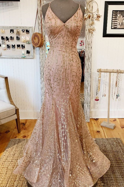 Mermaid V-Neck Long Prom Dress with Criss Cross Back Y7425