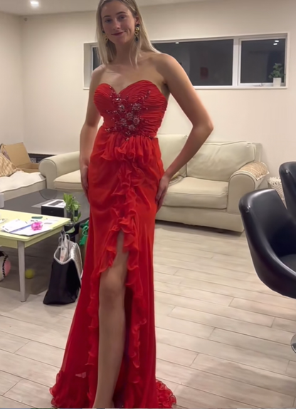 Pretty Strapless Beaded Chiffon Ruffles Mermaid Long Party Dress Red Slit Prom Dresses SP415