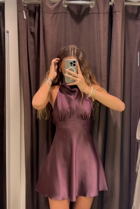 Sexy Halter Satin Sleeveless Short 8th Grade Homecoming Dress,Dark Purple Mini Cocktail Dress SP2466