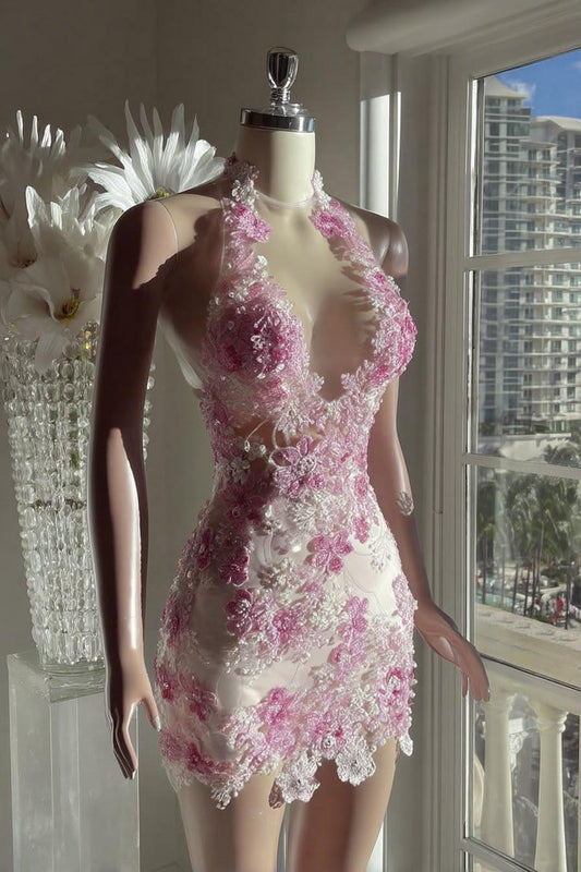 Glam Pink Bodycon Mini Homecoming Dress 3D Floral Lace Birthday Outfit SP2756