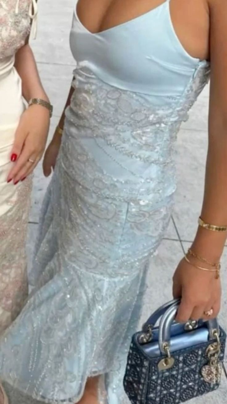 Elegant Spaghetti Straps Blue Satin Sequin Mermaid Party Dress Long Wedding Guest Dress SP1162