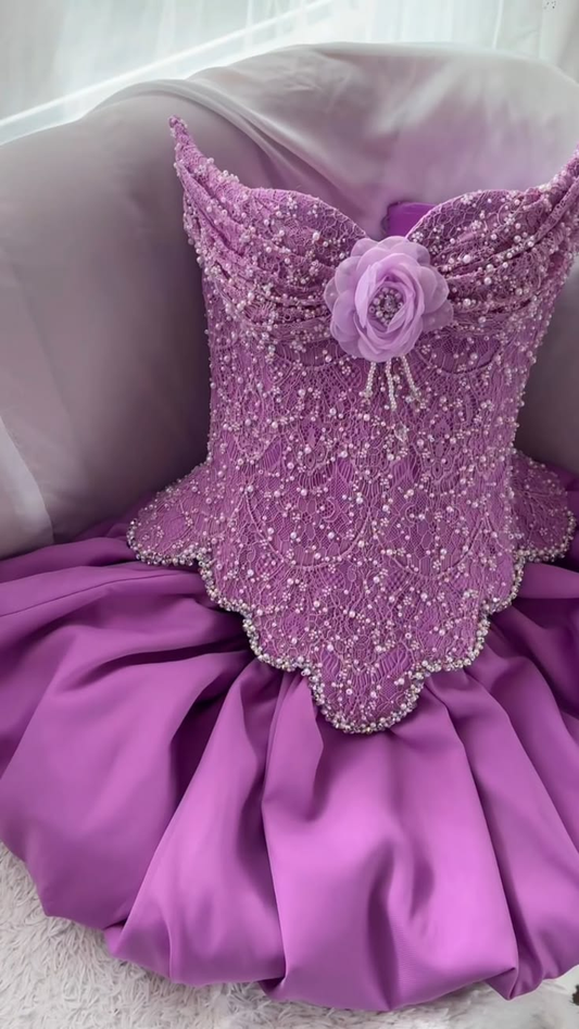 Glamorous Purple Strapless Satin Lace Beaded Short Homecoming Dress Birthday Dress SP3026
