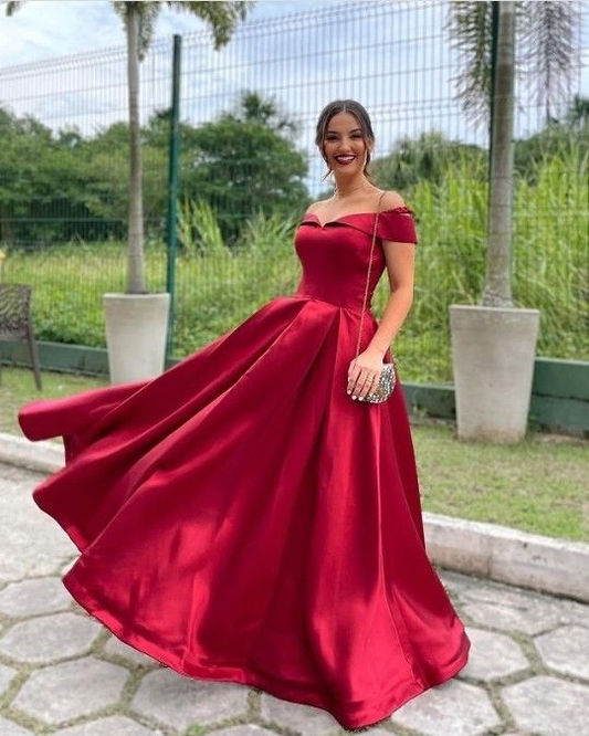 A-line Off the Shoulder Red Satin Simple Prom Dress  Y5138