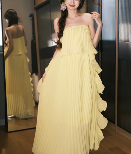 Chic Strapless Chiffon Pleated Long Party Dress Yellow Prom Dress SP2098