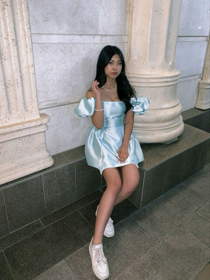 Cute Blue Off The Shoulder Satin A Line Short Graduation Homecoming Dress Cocktail Dress SP3479