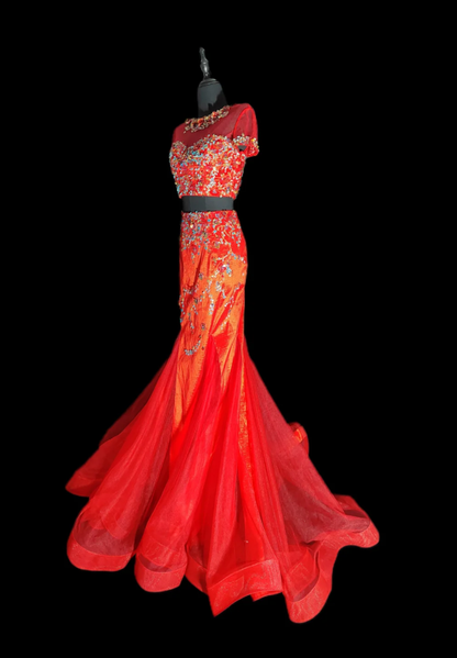 Pretty Red Tulle Sequin Beaded Mermaid Evening Dress Long Prom Gown Two Piece SP433