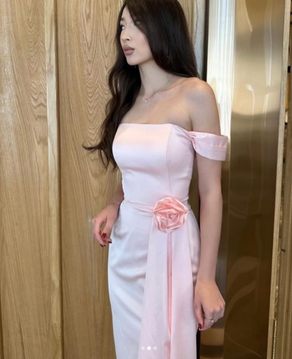 Sweet Pink Off The Shoulder Satin Long Bridesmaid Dress Birthday Outfits  SP762