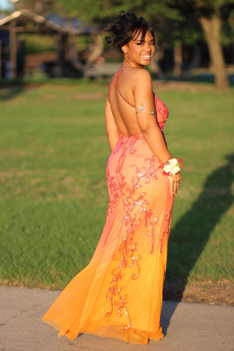 Gorgeous Ombre Orange Chiffon Sequin Beaded Mermaid Long Party Dress Backless Prom Dress SP2221