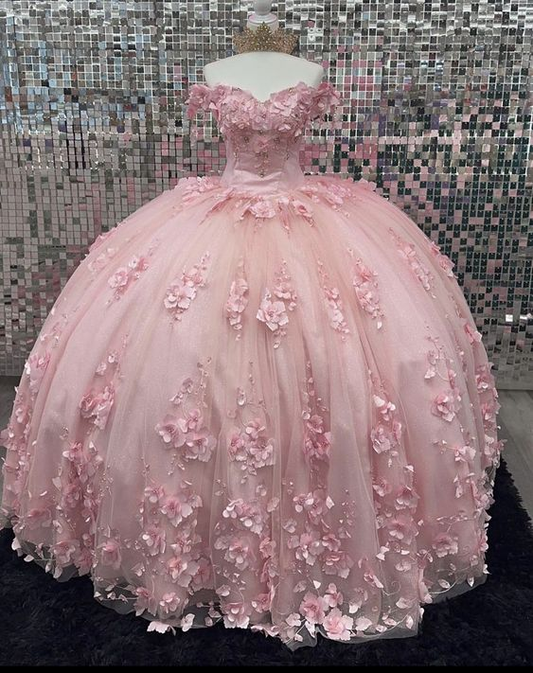 Pink Off Shoulder Ball Gown Quinceanera Dresses 3D Appliques Corset Dress Y6791