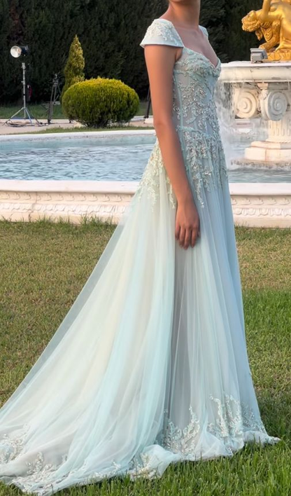Gorgeous V Neck Baby Blue Tulle Sequin Beaded Mermaid Evening Dress Long Birthday Prom Gown SP1143