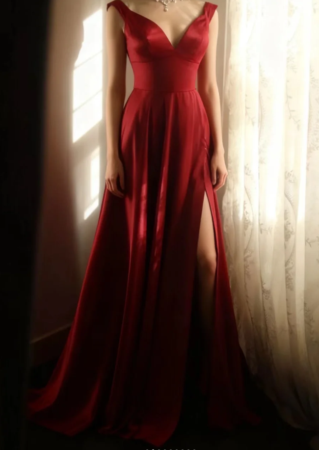 Fashion V Neck Burgundy Satin Mermaid Slit Evening Dress Formal Prom Gown SP669